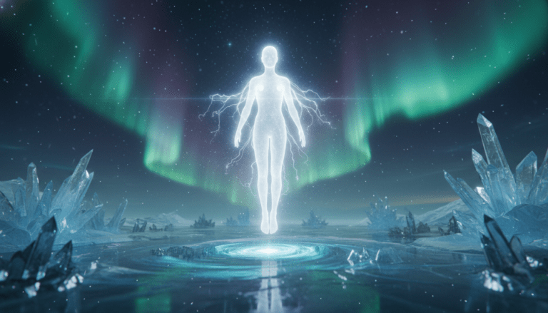 Ilustración mística de la primera raza raíz de la teosofía de Blavatsky, mostrando un ser etéreo de luz en un paisaje polar primordial.