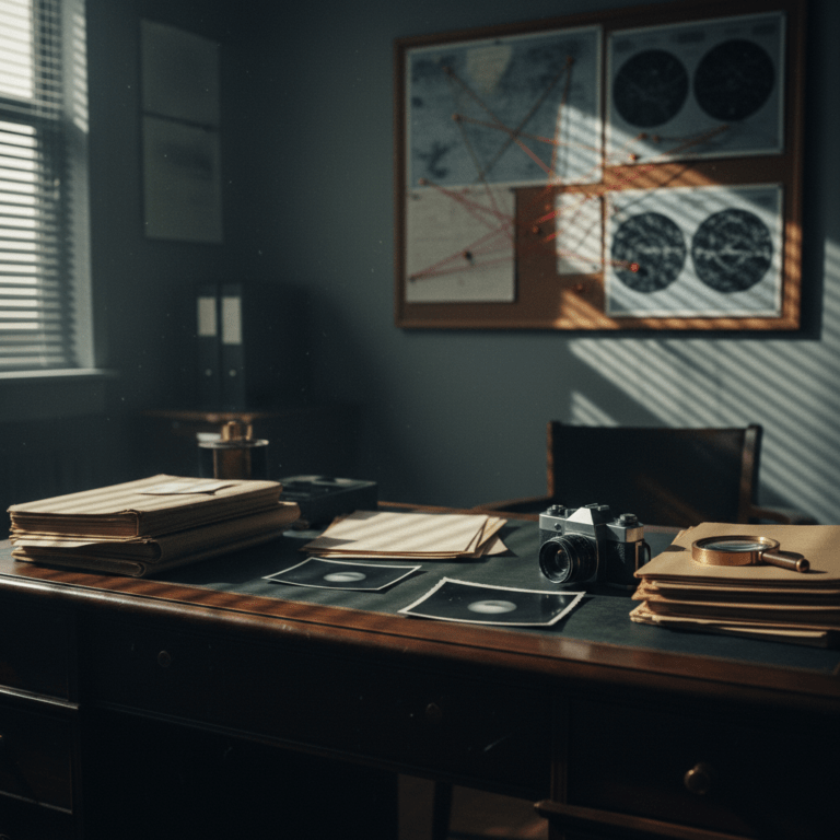 Escritorio de investigación de fenómenos anómalos con archivos secretos y fotos de avistamientos OVNI, atmósfera de conspiración y misterio.