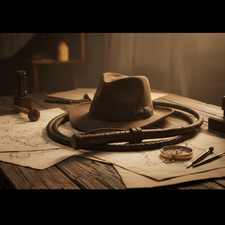 Sombrero de arqueólogo y látigo sobre mapas antiguos en un ambiente cinematográfico de aventura e historia.