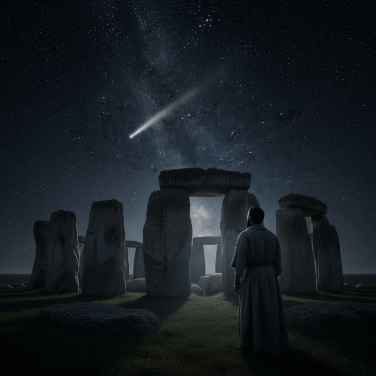 Monumento megalítico antiguo funcionando como observatorio astronómico bajo un cielo estrellado con un cometa.