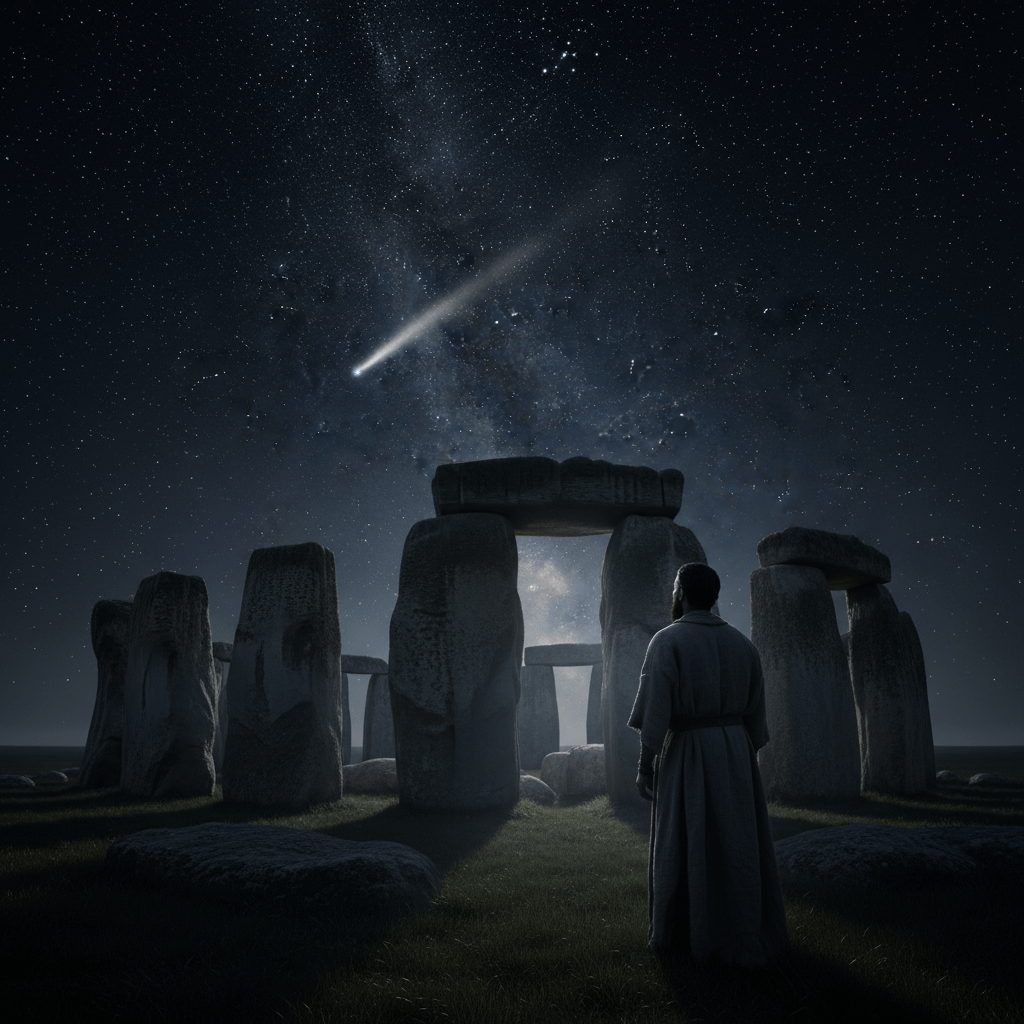 Monumento megalítico antiguo funcionando como observatorio astronómico bajo un cielo estrellado con un cometa.