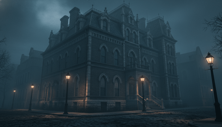 Fachada del Castillo de los Horrores de H.H. Holmes en Chicago 1893, arquitectura victoriana siniestra en una calle con niebla.