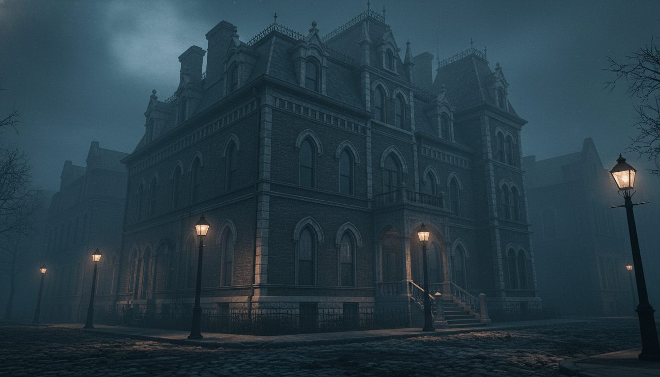 Fachada del Castillo de los Horrores de H.H. Holmes en Chicago 1893, arquitectura victoriana siniestra en una calle con niebla.