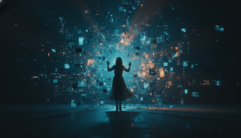 Representación conceptual de la manipulación mental y la desinformación digital mediante una arquitectura de datos y luces abstractas envolviendo a una persona.