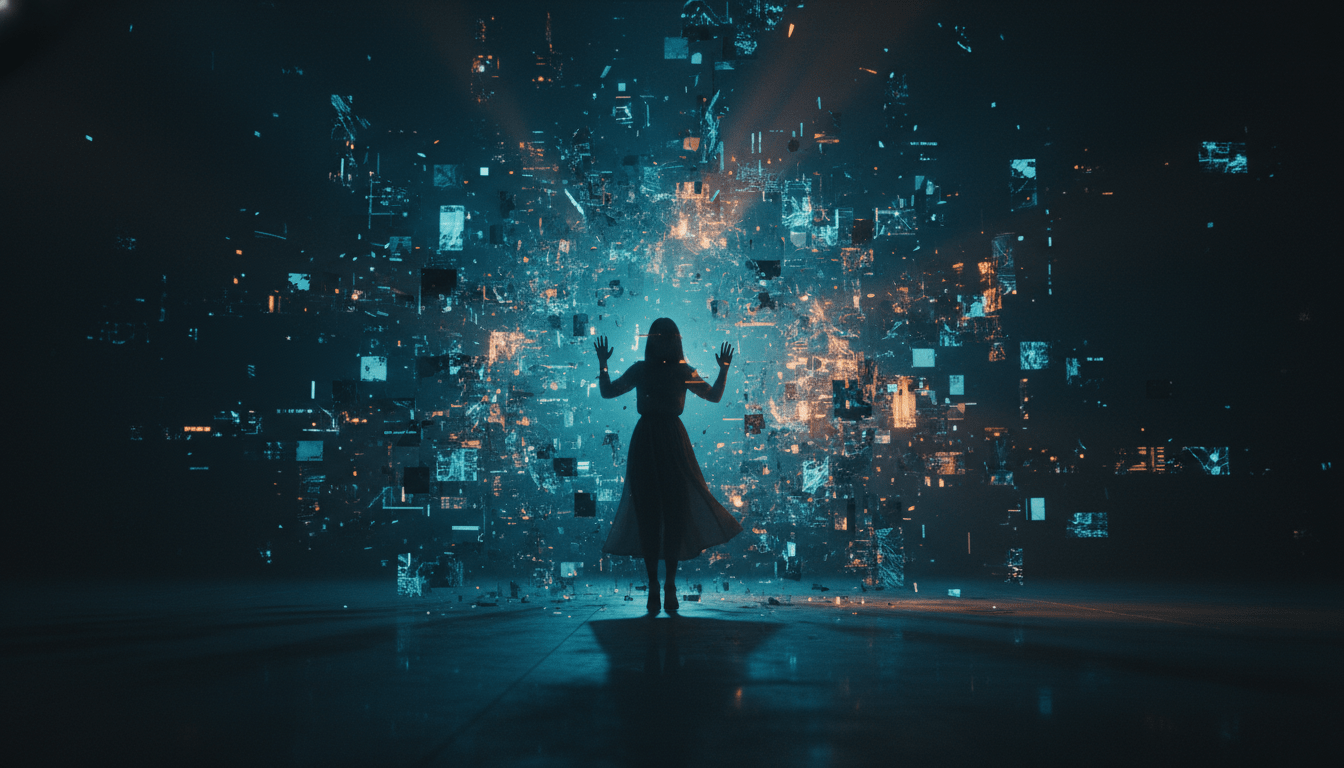 Representación conceptual de la manipulación mental y la desinformación digital mediante una arquitectura de datos y luces abstractas envolviendo a una persona.