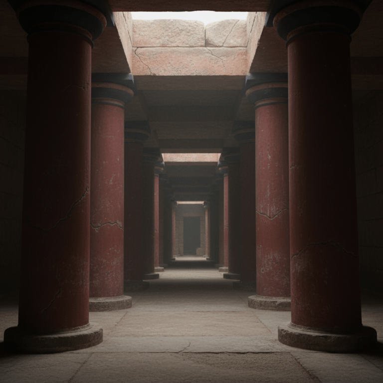 Pasillo laberíntico con columnas rojas en las ruinas del Palacio de Cnosos, Creta.