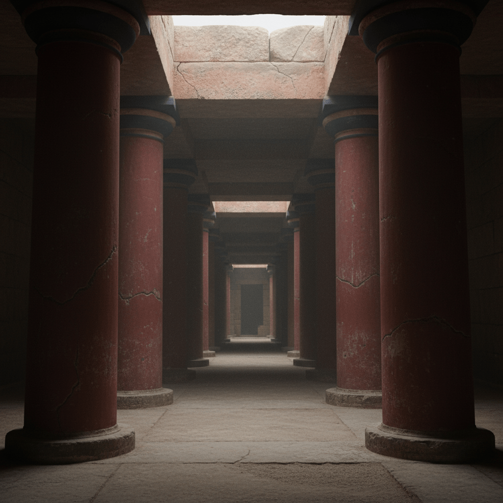 Pasillo laberíntico con columnas rojas en las ruinas del Palacio de Cnosos, Creta.