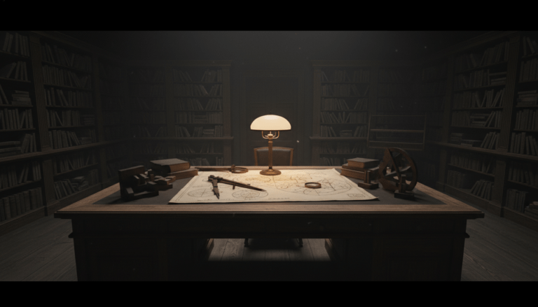 Escritorio de investigador con herramientas de lógica y mapas antiguos representando la búsqueda de la verdad en lo desconocido.