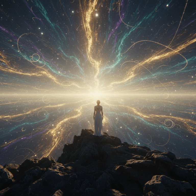 Representación visual de la conexión espiritual con la fuente de intención y el campo de energía universal de Wayne Dyer.