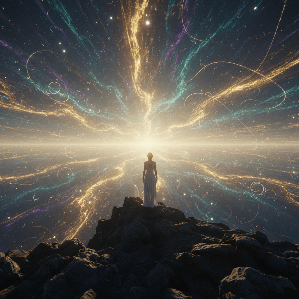 Representación visual de la conexión espiritual con la fuente de intención y el campo de energía universal de Wayne Dyer.