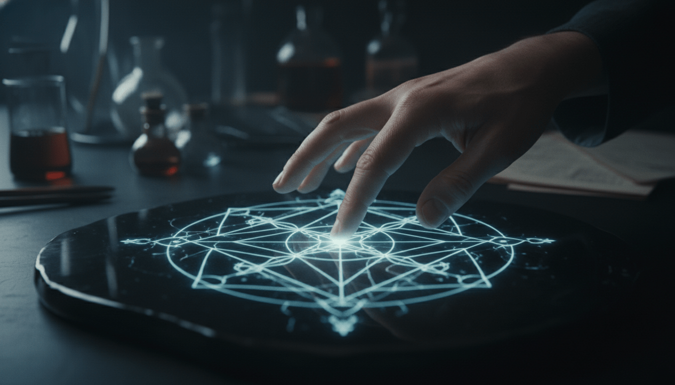Representación visual de un sigilo geométrico luminoso sobre piedra negra, simbolizando la arquitectura de la voluntad y la psicología del inconsciente.
