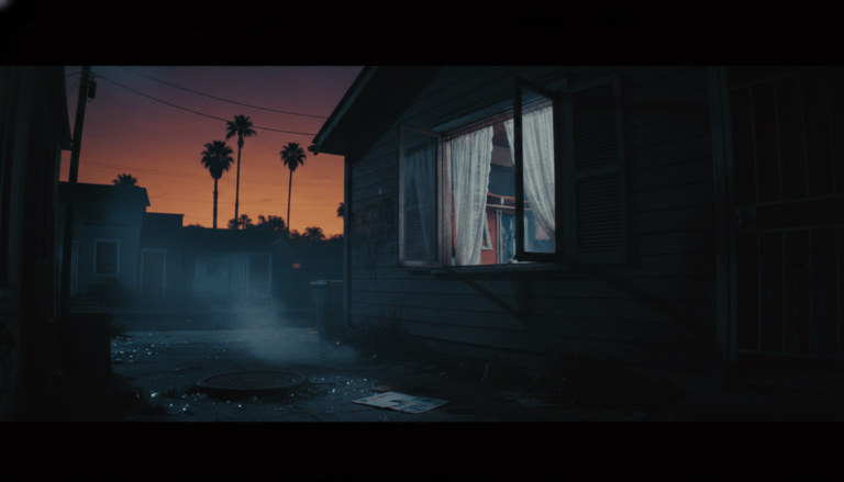 Callejón oscuro en Los Ángeles 1985 con ventana abierta, representando la atmósfera de terror de Richard Ramirez el Night Stalker.