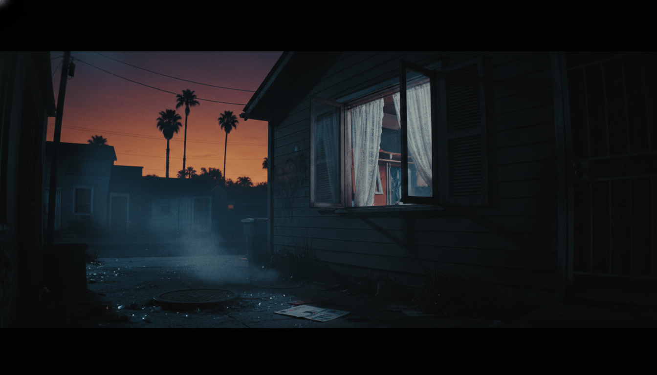 Callejón oscuro en Los Ángeles 1985 con ventana abierta, representando la atmósfera de terror de Richard Ramirez el Night Stalker.