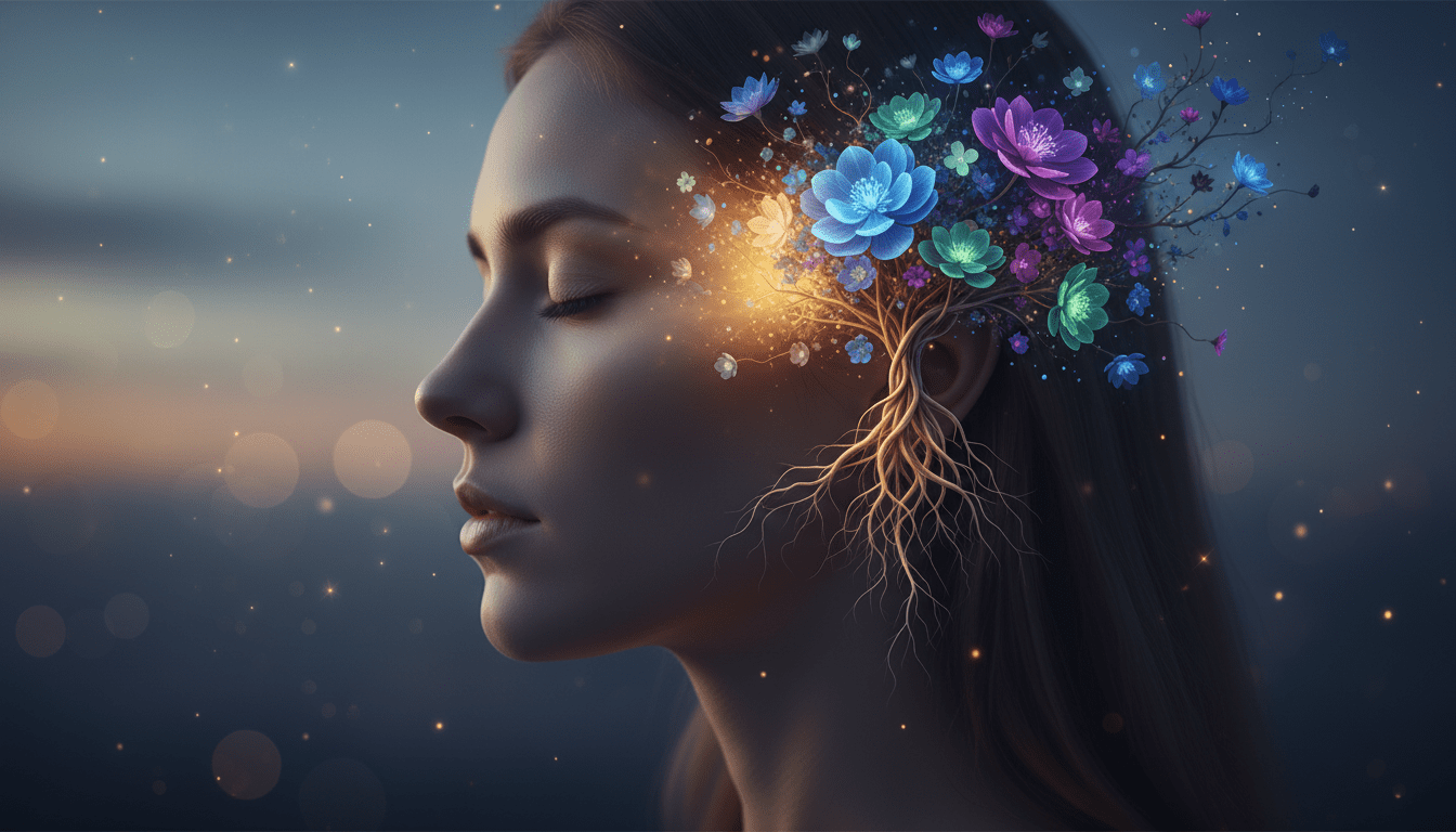 Hombre en estado de autohipnosis visualizando un jardín mental de creencias positivas y subconsciente.