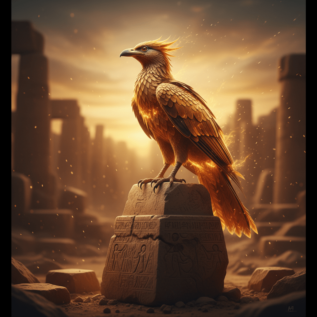 Ave fénix Bennu de fuego posado sobre piedra Benben en las ruinas de Heliópolis, simbolizando el renacimiento egipcio.