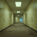 Espacio liminal de los Backrooms con pasillos amarillos y luces fluorescentes, representando leyendas urbanas digitales y creepypastas.