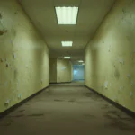 Espacio liminal de los Backrooms con pasillos amarillos y luces fluorescentes, representando leyendas urbanas digitales y creepypastas.
