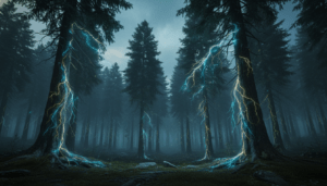 Representación visual del bioelectromagnetismo en árboles de un bosque antiguo con corrientes de energía eléctrica en raíces y troncos.