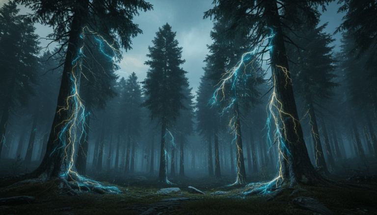 Representación visual del bioelectromagnetismo en árboles de un bosque antiguo con corrientes de energía eléctrica en raíces y troncos.