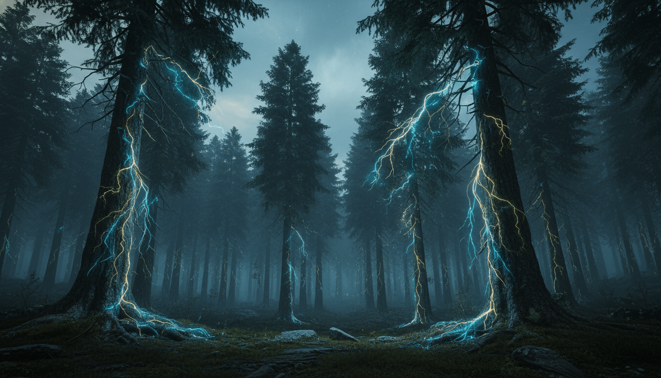 Representación visual del bioelectromagnetismo en árboles de un bosque antiguo con corrientes de energía eléctrica en raíces y troncos.