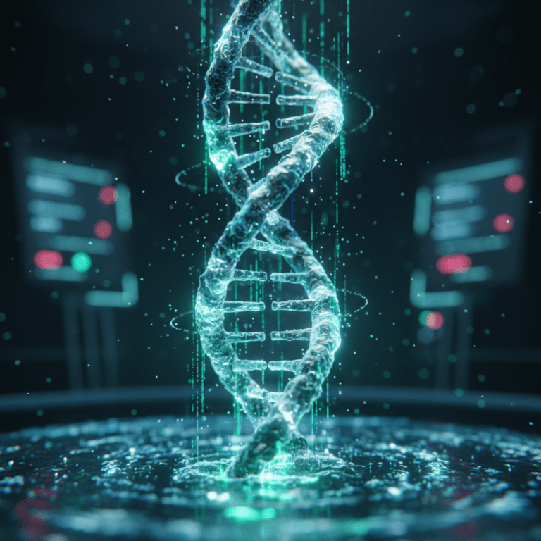 Representación visual de la biología sintética y la programación del ADN mediante tecnología avanzada.