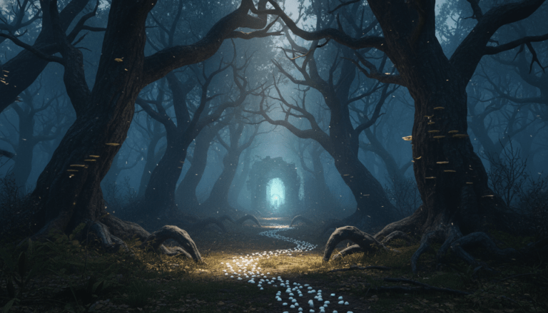 Bosque sombrío y misterioso con un rastro de migas de pan que representa la iniciación psicológica en los cuentos de hadas.