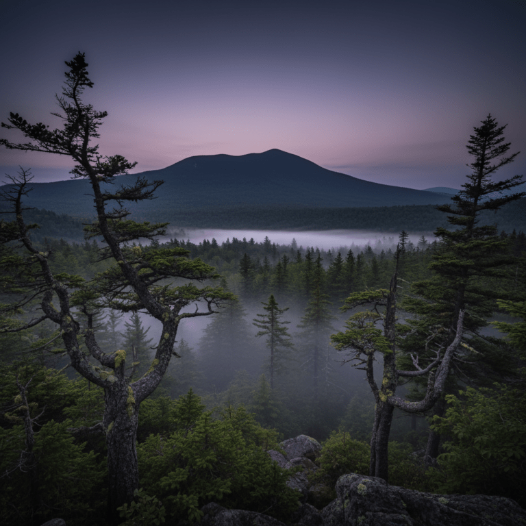 Paisaje boscoso y neblinoso del Triángulo de Bennington en Vermont bajo una atmósfera de misterio.