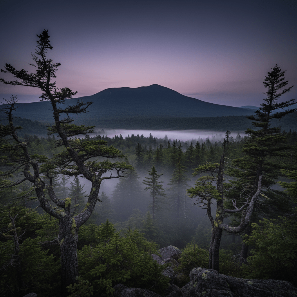 Paisaje boscoso y neblinoso del Triángulo de Bennington en Vermont bajo una atmósfera de misterio.