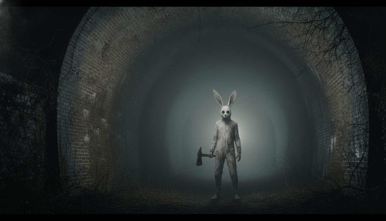 Vista nocturna y neblinosa del túnel de ladrillo Bunny Man Bridge en Colchester, Virginia, con una figura legendaria en traje de conejo.