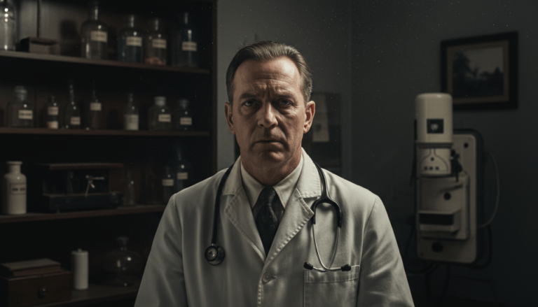 Representación de Carl Tanzler en su consultorio médico de Key West durante los años 30, reflejando su obsesión.