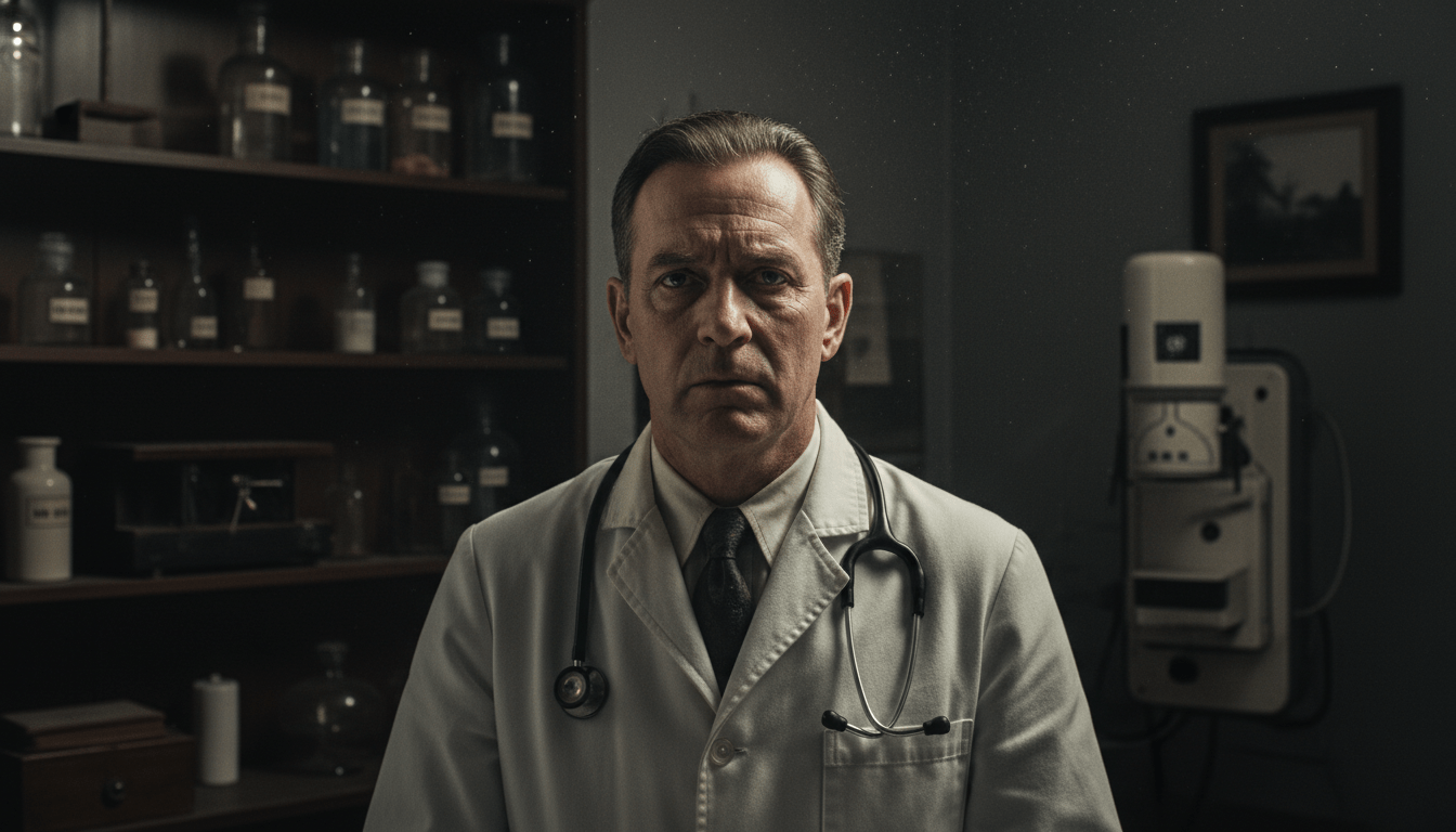 Representación de Carl Tanzler en su consultorio médico de Key West durante los años 30, reflejando su obsesión.