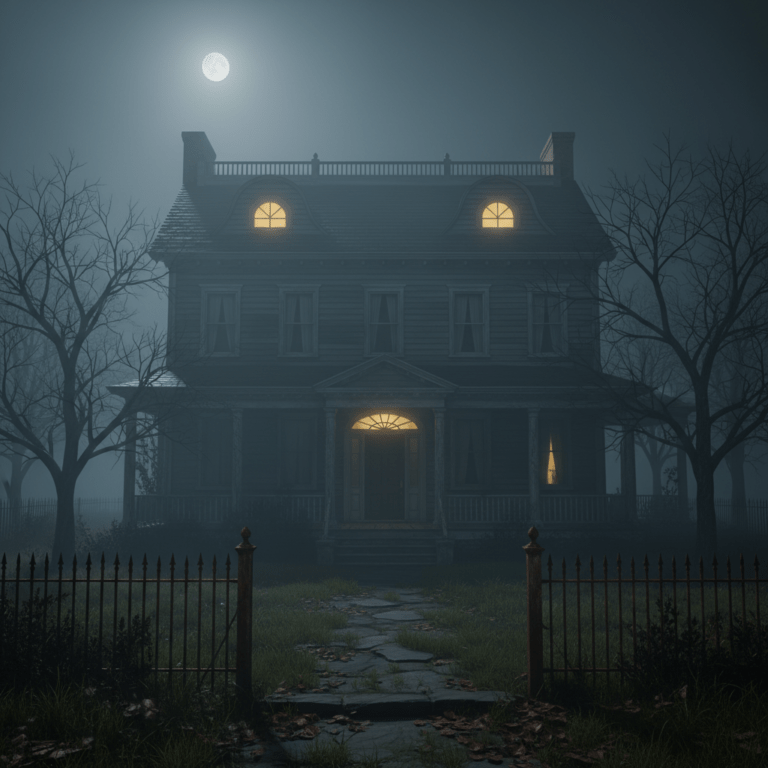 Fachada exterior de la casa colonial en 112 Ocean Avenue Amityville con ventanas icónicas bajo la niebla nocturna.