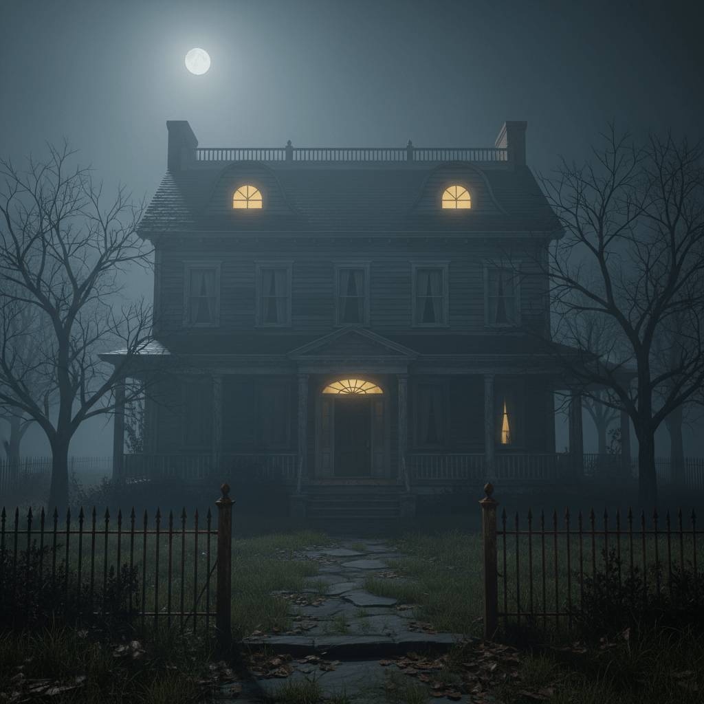 Fachada exterior de la casa colonial en 112 Ocean Avenue Amityville con ventanas icónicas bajo la niebla nocturna.