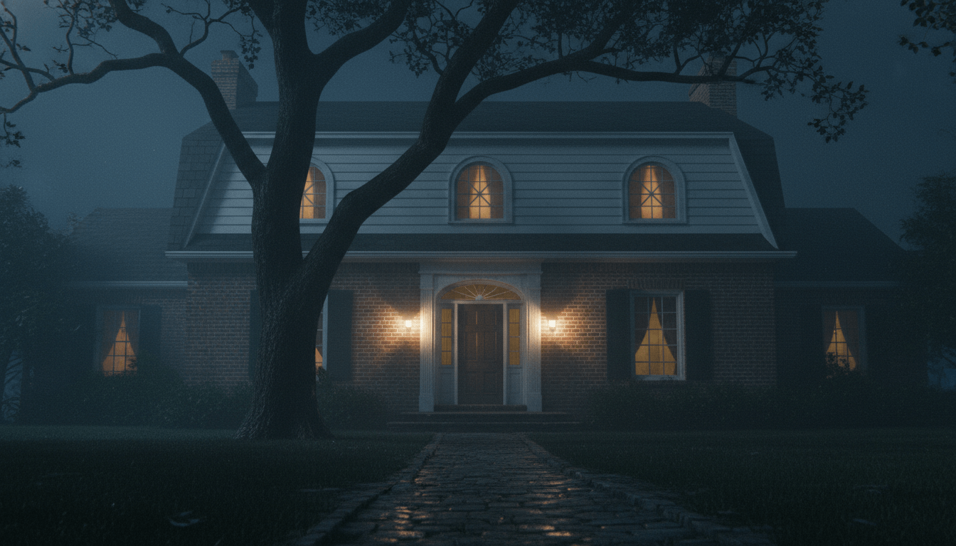 Fachada nocturna de la casa de Amityville en 112 Ocean Avenue bajo la niebla a las tres de la mañana