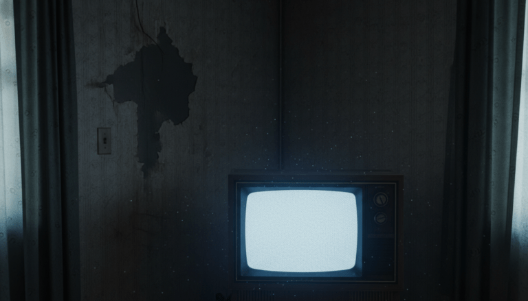 Interior tenebroso de la casa de la familia Smurl en West Pittston con televisor antiguo y manchas en la pared