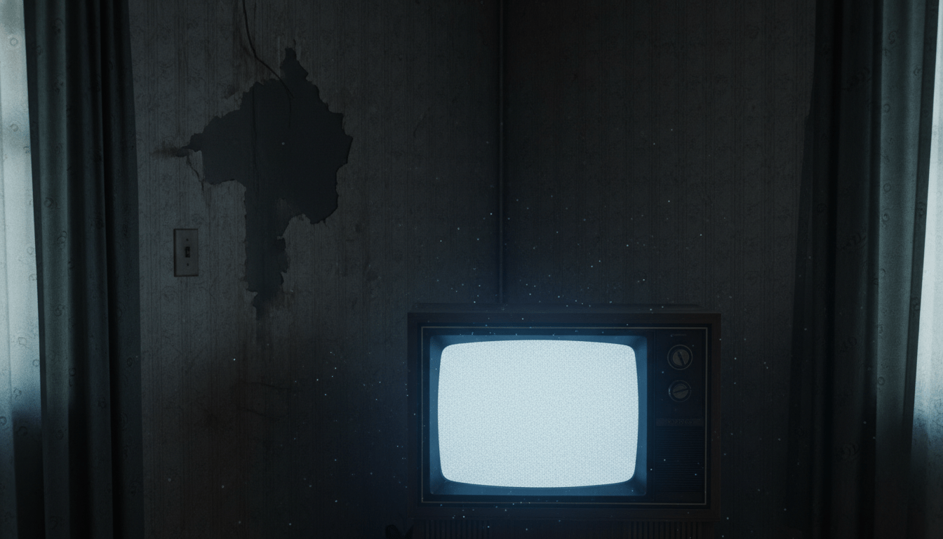 Interior tenebroso de la casa de la familia Smurl en West Pittston con televisor antiguo y manchas en la pared