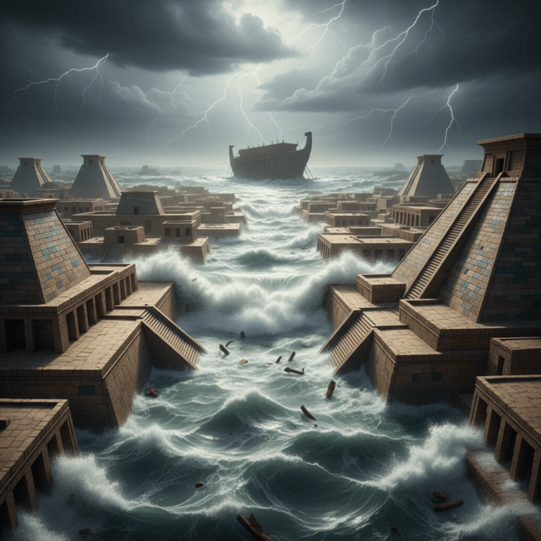 Ilustración fotorrealista del diluvio universal inundando una ciudad antigua de Mesopotamia con una gran arca al fondo bajo un cielo de tormenta.