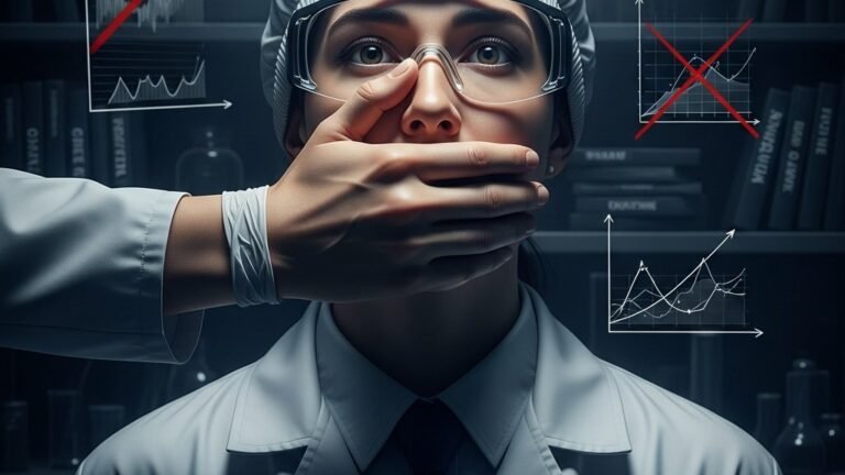 Científico silenciado con la boca tapada, simbolizando la censura y la ciencia prohibida. Una imagen fotorrealista que ilustra el peligro de la supresión del conocimiento por parte del poder político o económico.