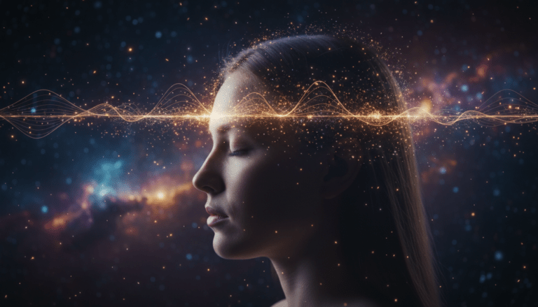 Representación artística de la clarividencia y la percepción de frecuencias espirituales en el campo cuántico.