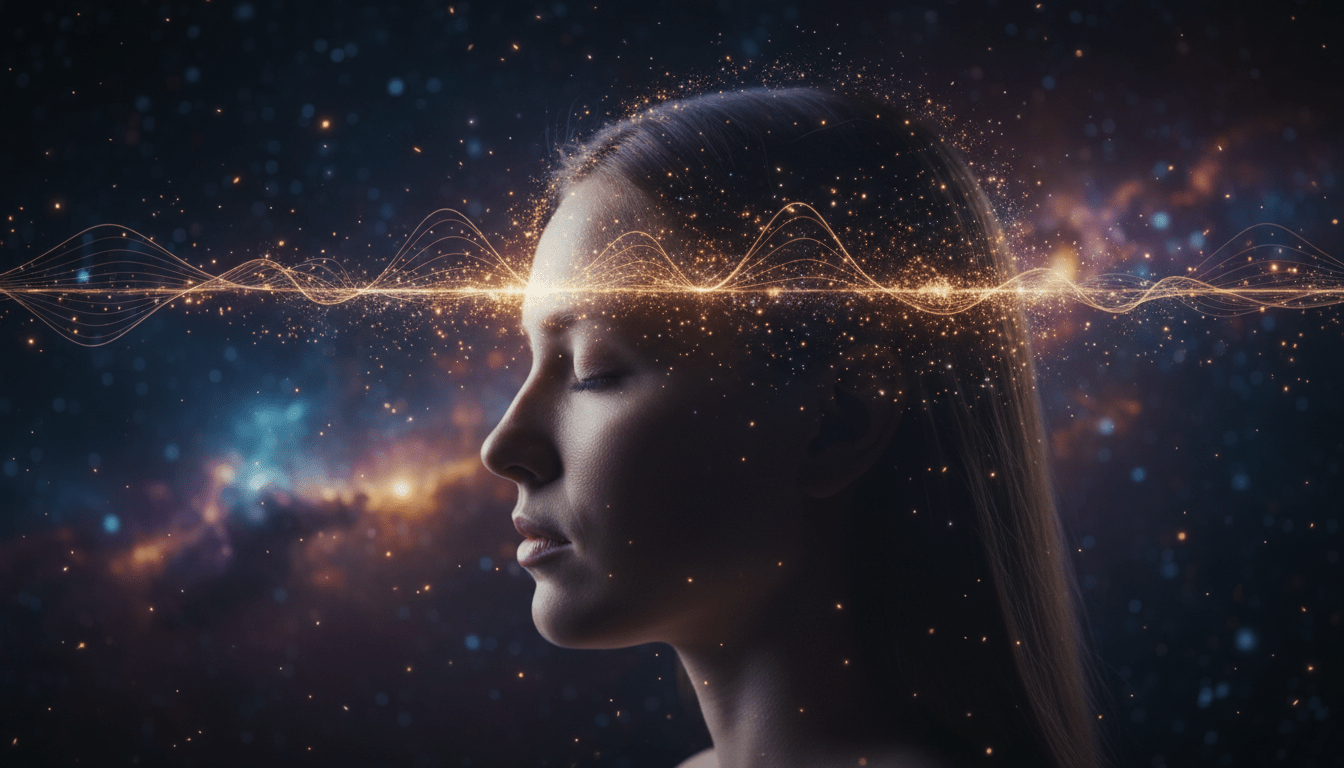 Representación artística de la clarividencia y la percepción de frecuencias espirituales en el campo cuántico.