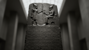 Estela de basalto original del Código de Hammurabi expuesta en el Museo del Louvre mostrando el relieve del rey y el dios Shamash.