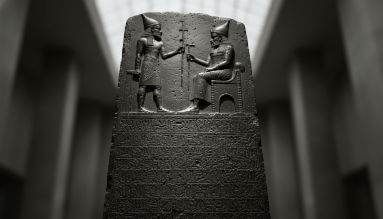 Estela de basalto original del Código de Hammurabi expuesta en el Museo del Louvre mostrando el relieve del rey y el dios Shamash.