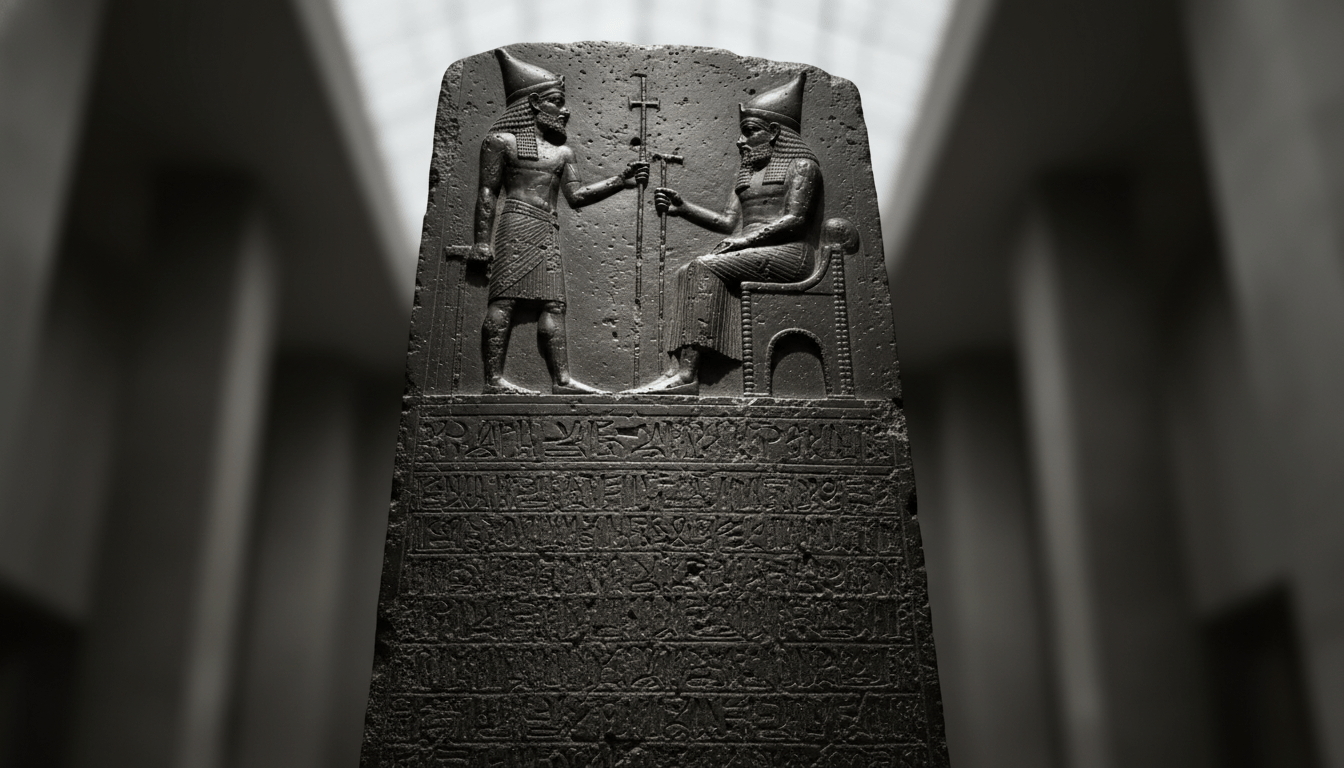 Estela de basalto original del Código de Hammurabi expuesta en el Museo del Louvre mostrando el relieve del rey y el dios Shamash.