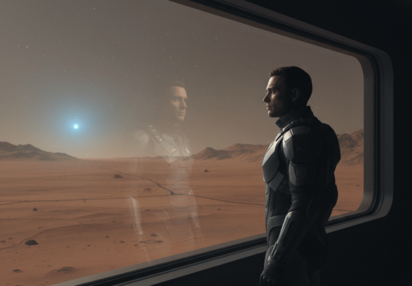Colono espacial observando el horizonte de Marte desde un hábitat tecnológico, simbolizando la evolución humana fuera de la Tierra.