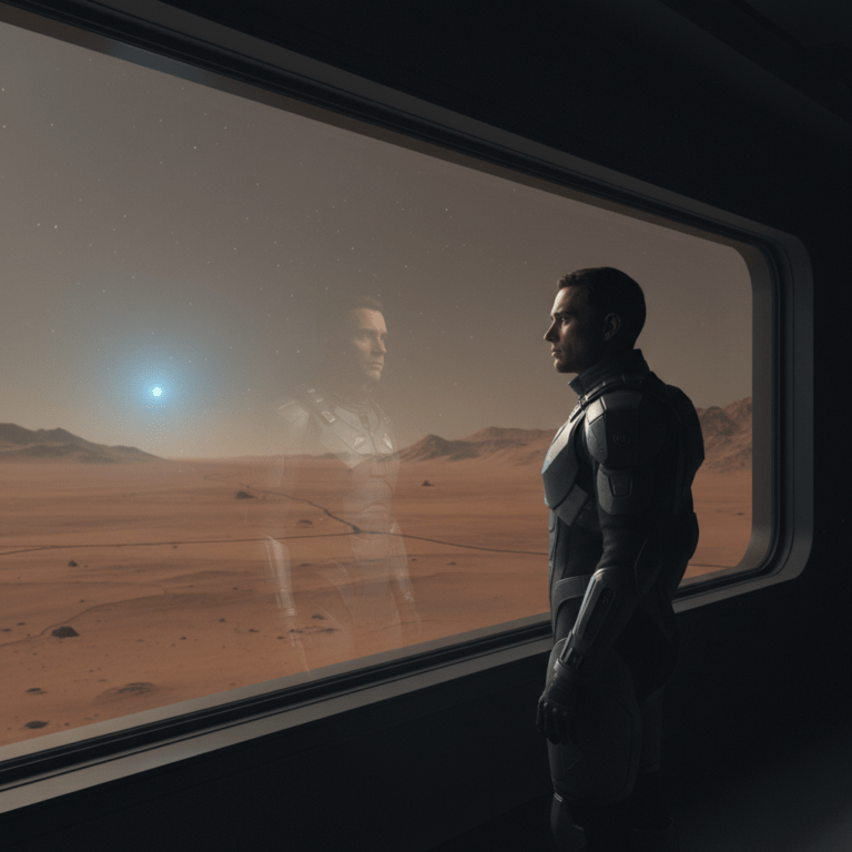 Colono espacial observando el horizonte de Marte desde un hábitat tecnológico, simbolizando la evolución humana fuera de la Tierra.