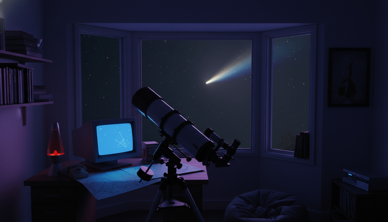 Cometa Hale-Bopp brillando en el cielo nocturno visto desde una habitación con tecnología de los años 90 en Rancho Santa Fe.