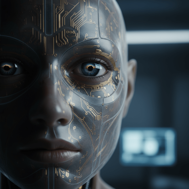 Primer plano de un anfitrión biomecánico de Westworld mostrando circuitos internos y piel sintética, representando la conciencia artificial.