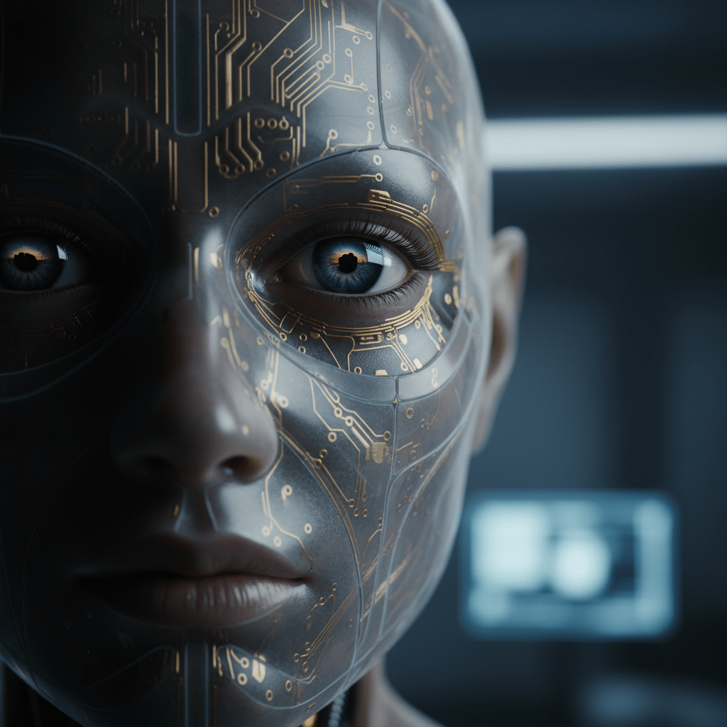 Primer plano de un anfitrión biomecánico de Westworld mostrando circuitos internos y piel sintética, representando la conciencia artificial.