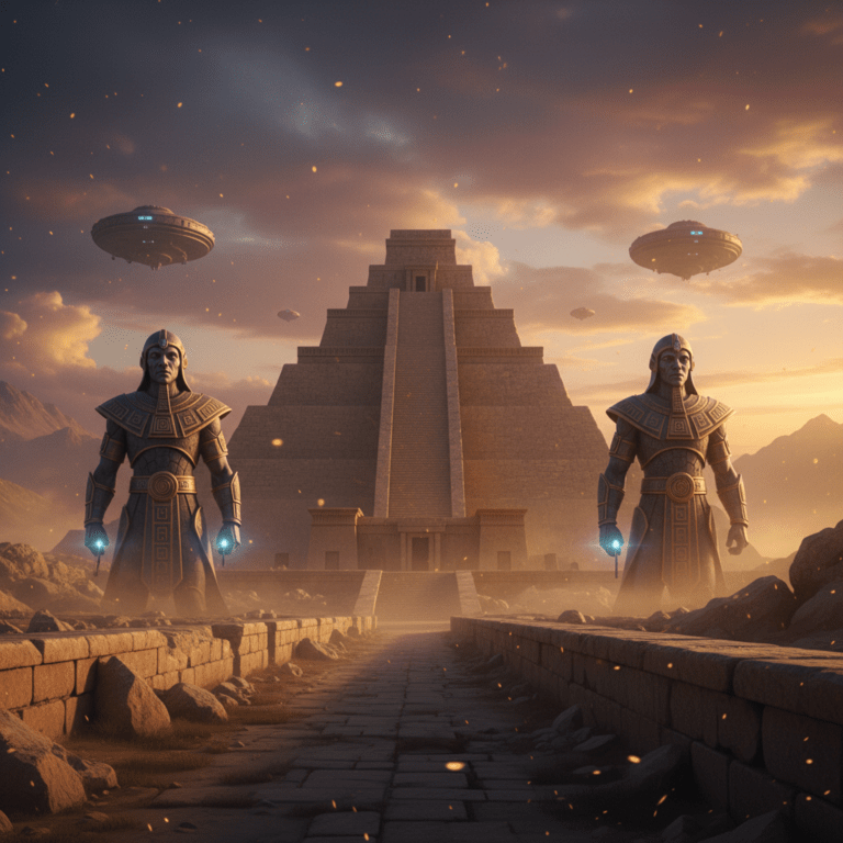 Representación artística de los dioses Anunnaki Enlil y Enki con tecnología avanzada frente a un zigurat sumerio