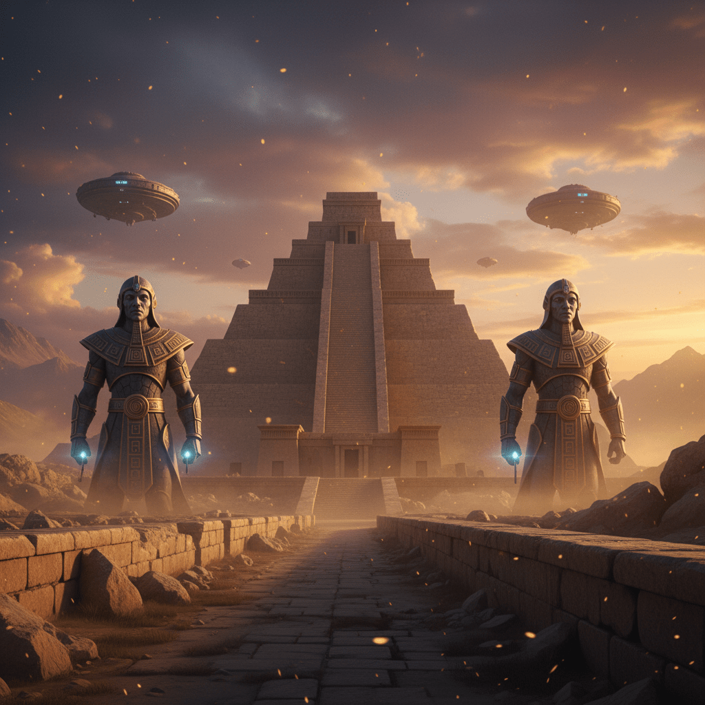 Representación artística de los dioses Anunnaki Enlil y Enki con tecnología avanzada frente a un zigurat sumerio